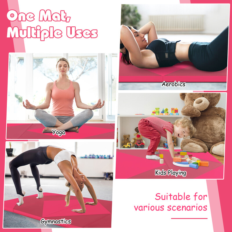 Vikbar rosa træningsmåtte 240x117x5 cm PU‑læder EPE‑skum til yoga og gymnastik