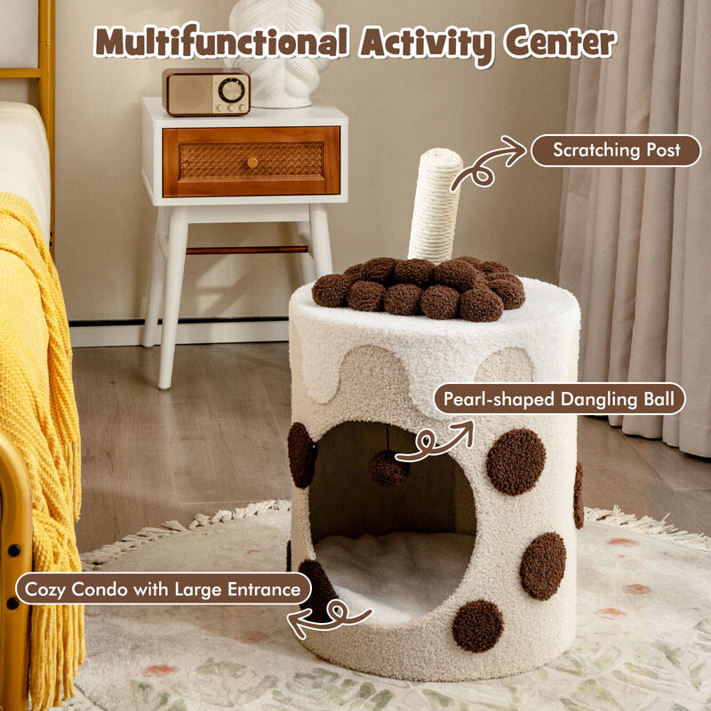 Katteklatretræ i beige bubble tea-design med kradseplade og hængende bold 67x37x37 cm