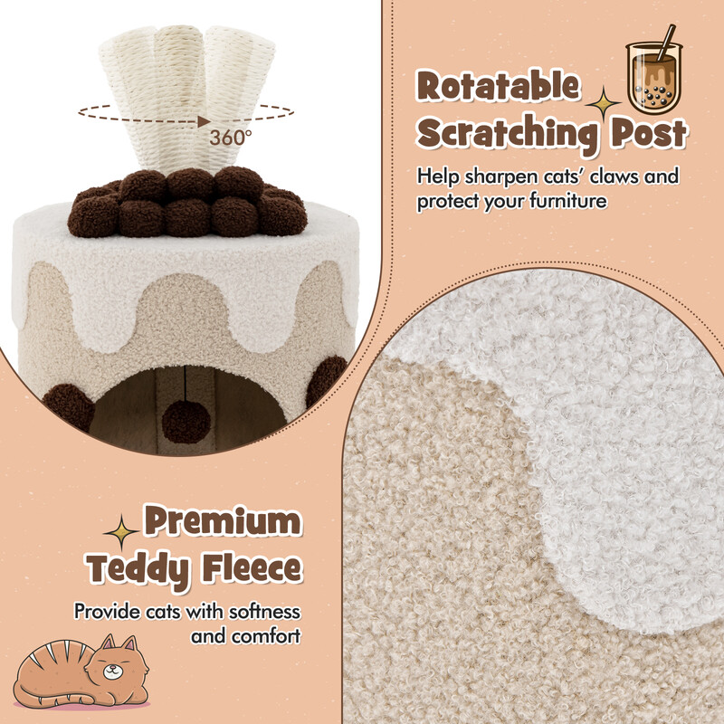 Katteklatretræ i beige bubble tea-design med kradseplade og hængende bold 67x37x37 cm