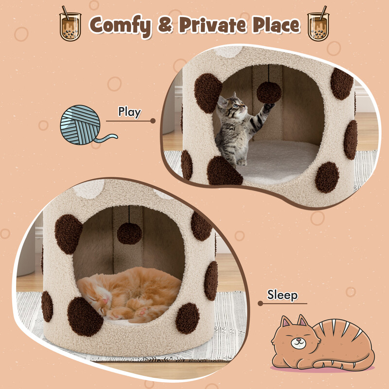 Katteklatretræ i beige bubble tea-design med kradseplade og hængende bold 67x37x37 cm