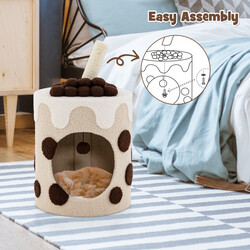 Katteklatretræ i beige bubble tea-design med kradseplade og hængende bold 67x37x37 cm