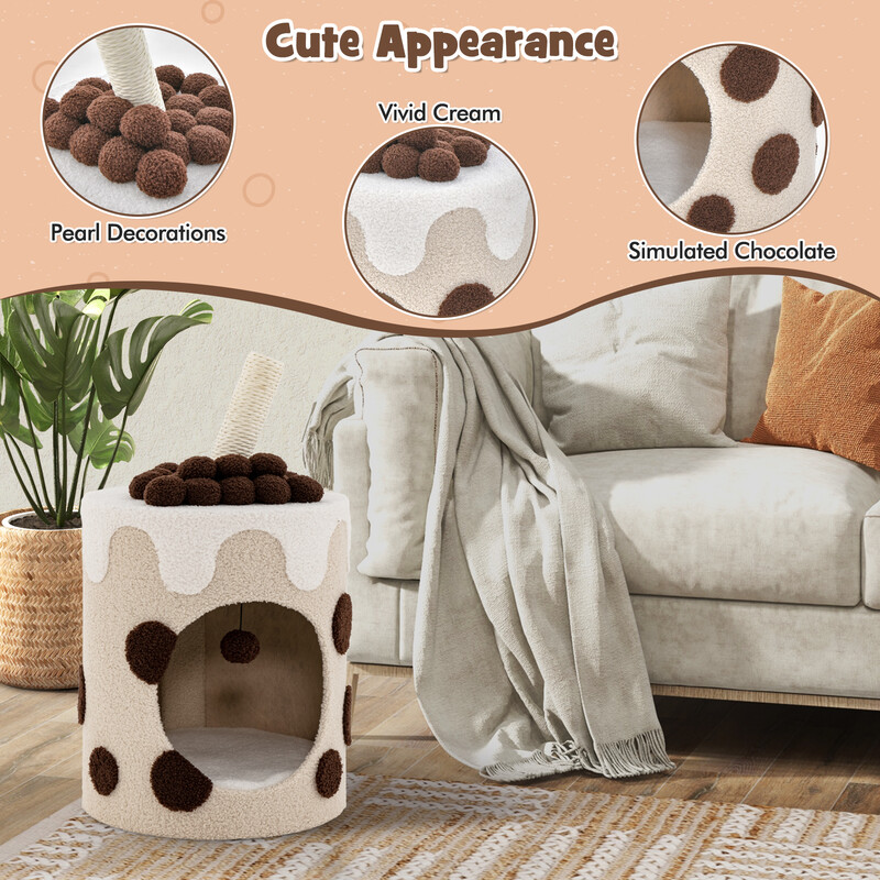 Katteklatretræ i beige bubble tea-design med kradseplade og hængende bold 67x37x37 cm