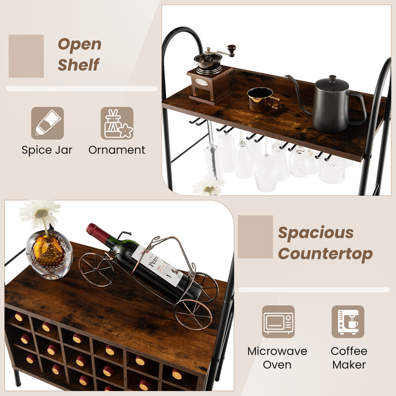 Vinreol i rustikt træ og metal til 18 flasker og 15 glas