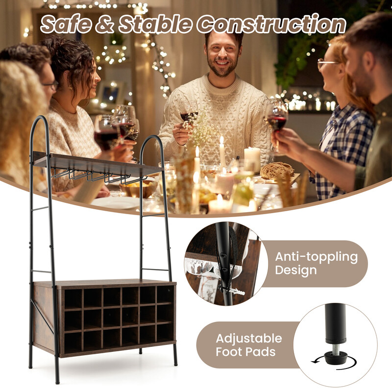 Vinreol i rustikt træ og metal til 18 flasker og 15 glas