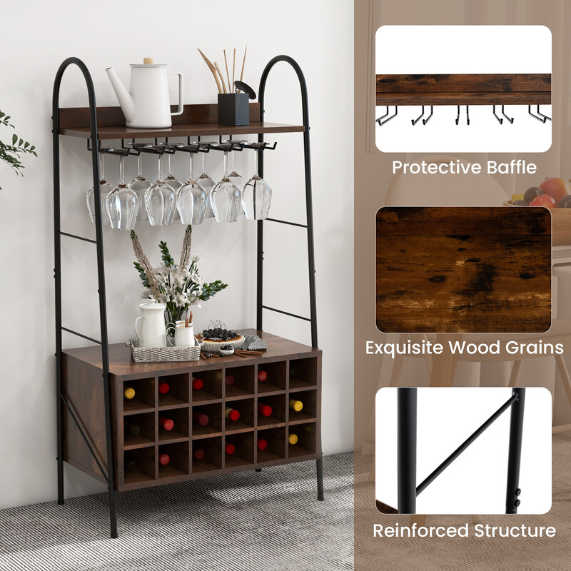 Vinreol i rustikt træ og metal til 18 flasker og 15 glas