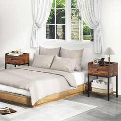 Natbord rustik brun kunsttræ metal 42x30x60 cm med USB