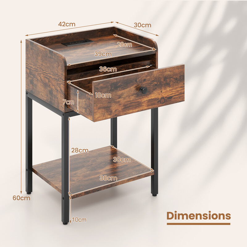 Natbord rustik brun kunsttræ metal 42x30x60 cm med USB