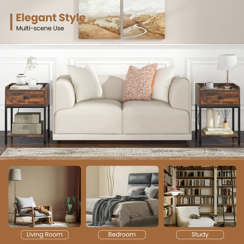 Natbord rustik brun kunsttræ metal 42x30x60 cm med USB