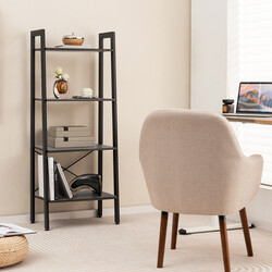 Bogreol med fire hylder industriel mørkebrun træ‑metal 56x34x138 cm