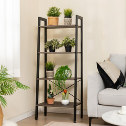 Bogreol med fire hylder industriel mørkebrun træ‑metal 56x34x138 cm