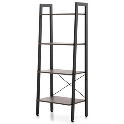 Bogreol med fire hylder industriel mørkebrun træ‑metal 56x34x138 cm