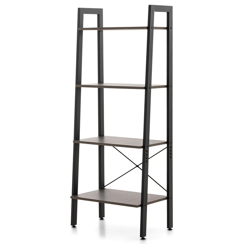 Bogreol med fire hylder industriel mørkebrun træ‑metal 56x34x138 cm
