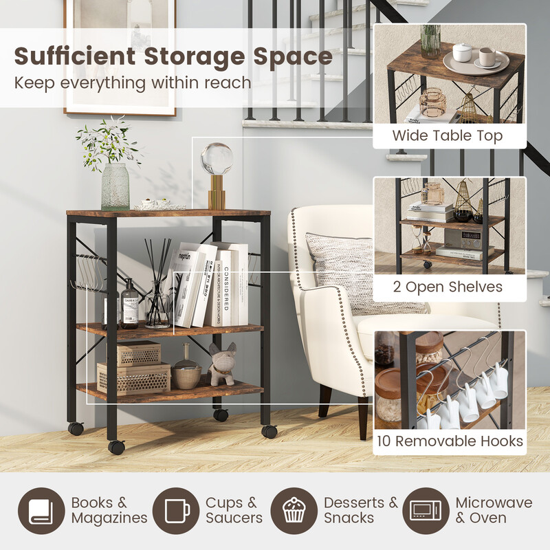 Køkkenvogn metal trækomposit 60x40x78 cm brun sort 10 kroge