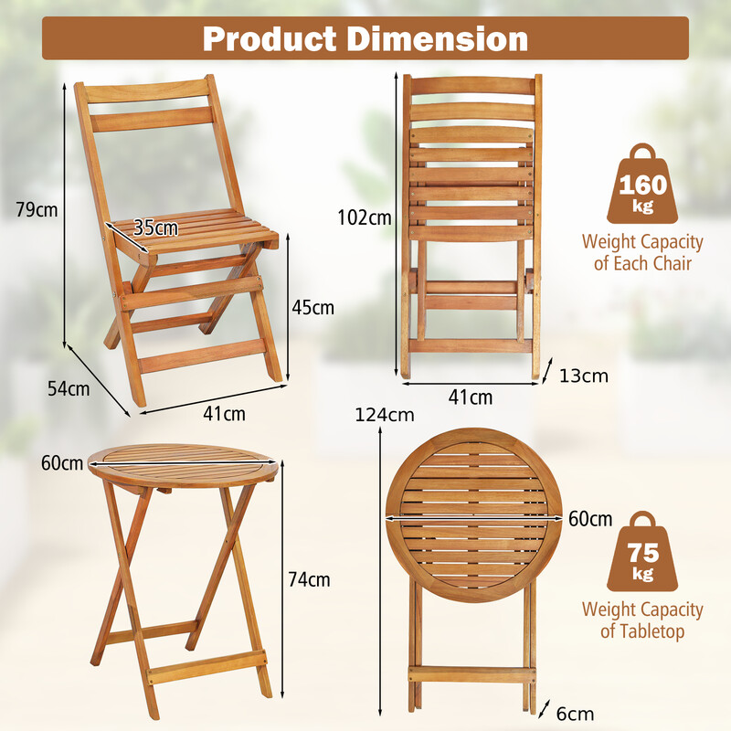 Bistro sæt akacietræ 2 sammenklappelige stole 1 bord udendørs