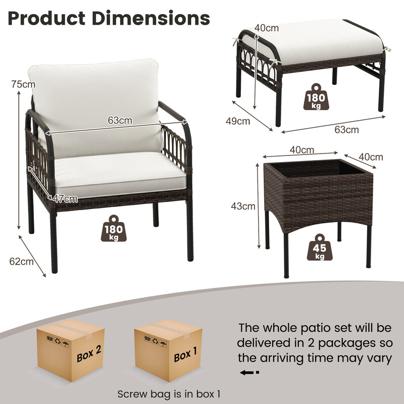 Rattan udendørsmøbelset 5 dele med brun rotting ottoman og sofabord til terrasse