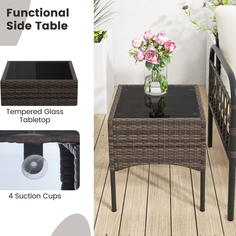 Rattan udendørsmøbelset 5 dele med brun rotting ottoman og sofabord til terrasse