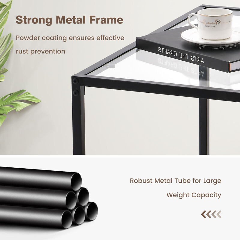 Kvadratisk glasbord 70x70x45 cm med to hylder og hærdet glas