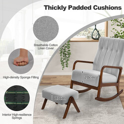 Gyngestol grå bomuld‑linned 65 cm bred 97 cm dyb 104 cm høj med fodpall 150 kg