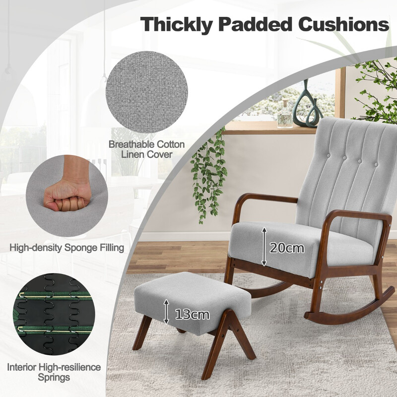 Gyngestol grå bomuld‑linned 65 cm bred 97 cm dyb 104 cm høj med fodpall 150 kg