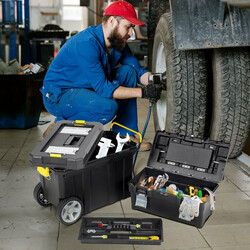 2-delt sort PP værktøjskasse sæt med udtræksbart håndtag og aftageligt rum