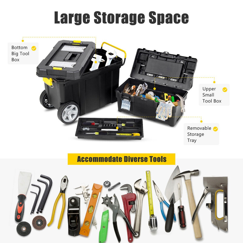 2-delt sort PP værktøjskasse sæt med udtræksbart håndtag og aftageligt rum