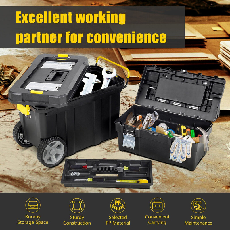 2-delt sort PP værktøjskasse sæt med udtræksbart håndtag og aftageligt rum