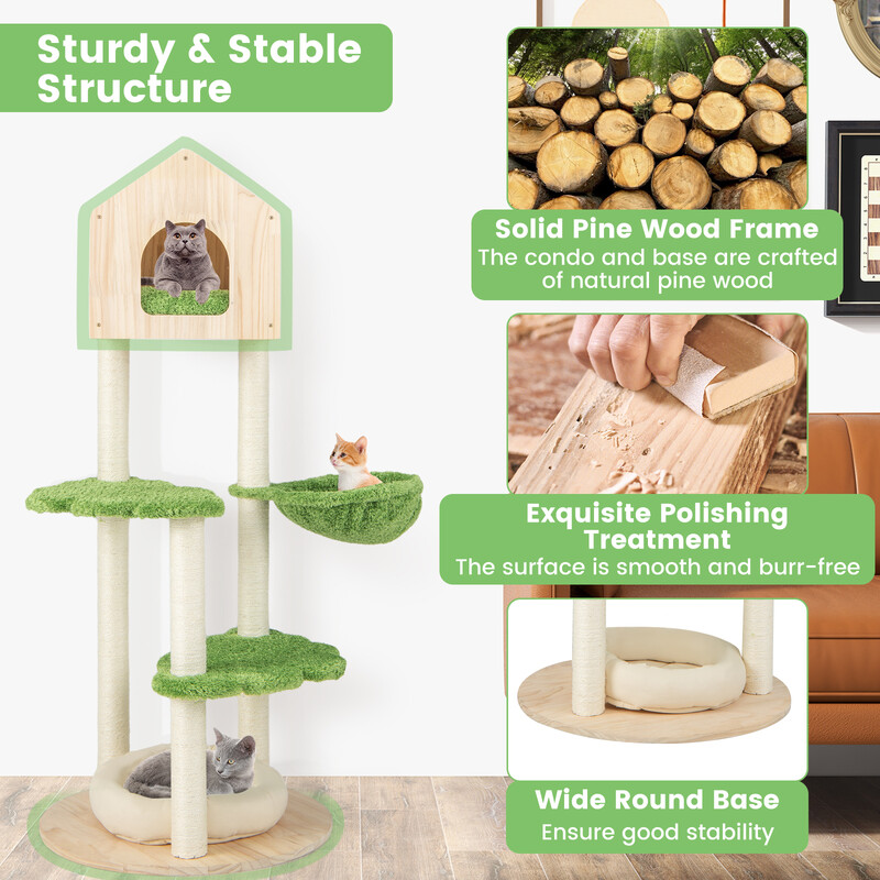 Katteklatretræ 139 cm fyrretræ med sisal platforme og hængekøje