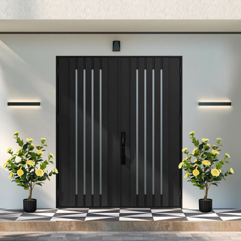 Kunstig kameliatræ 95 cm gul og grøn i cementpotte 2 stk