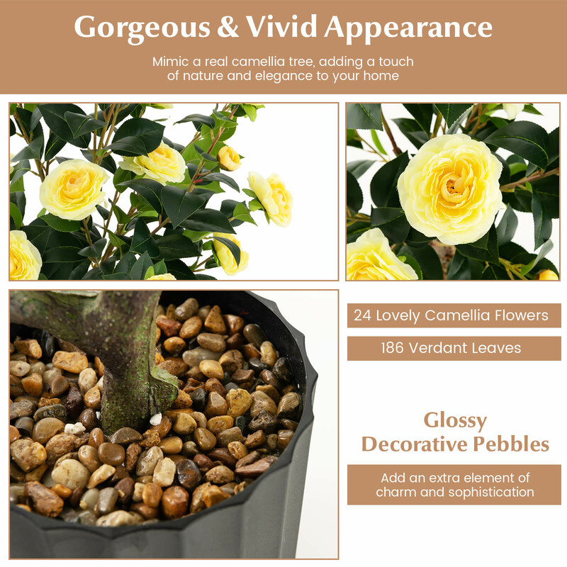 Kunstig kameliatræ 95 cm gul og grøn i cementpotte 2 stk