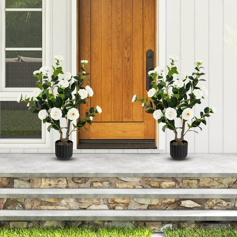 Kunstig kameliatræ 95 cm 24 hvide blomster i cementkrukke