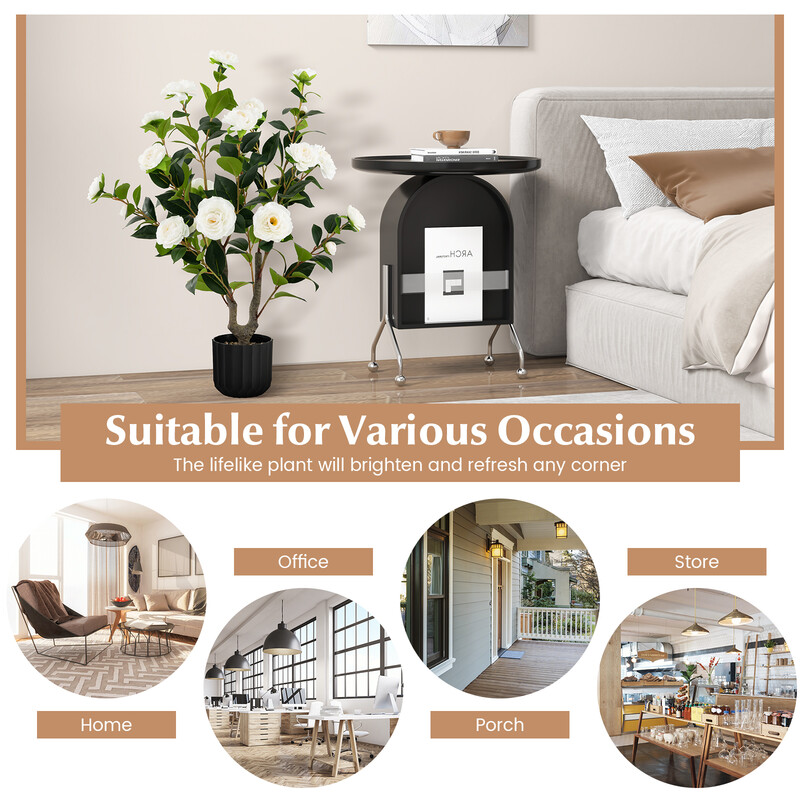 Kunstig kameliatræ 95 cm 24 hvide blomster i cementkrukke