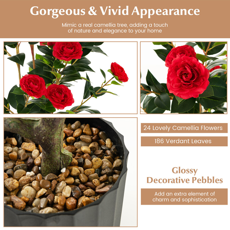 Kunstigt kameliatræ 95 cm cementpotte 24 røde blomster 2 stk