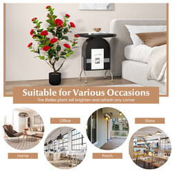 Kunstigt kameliatræ 95 cm cementpotte 24 røde blomster 2 stk