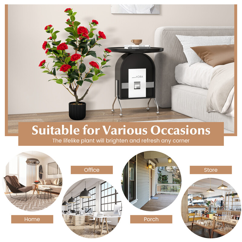 Kunstigt kameliatræ 95 cm cementpotte 24 røde blomster 2 stk