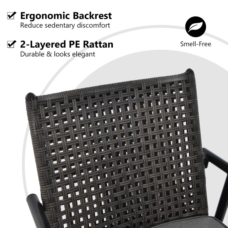 2 stk sort udendørs barstole med PE-rotting rygstøtte og aftagelig pude