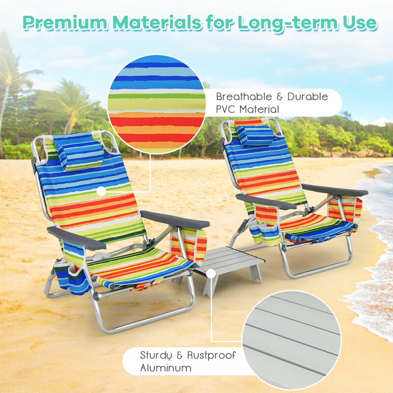 Udendørsmøbel sæt 2 justerbare strandstole og vandtæt PVC aluminium campingbord