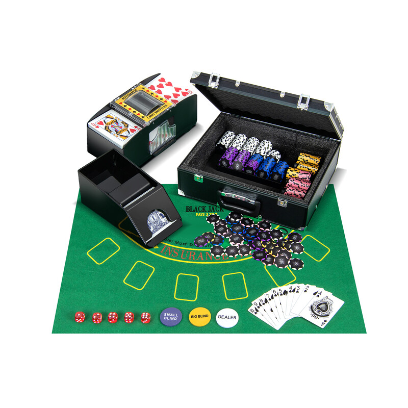 Pokerset med 300 chips sort aluminium taske automatisk kortblander