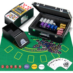 Pokerset med 300 chips sort aluminium taske automatisk kortblander