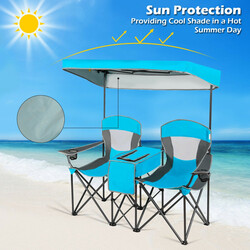 To-sædet campingstol i blå Oxford-stof med justerbart solskærm og mini-bord