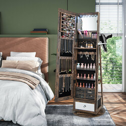 Smykkeskab 360° roterende med helkropsspejl og LED-belysning landlig brun