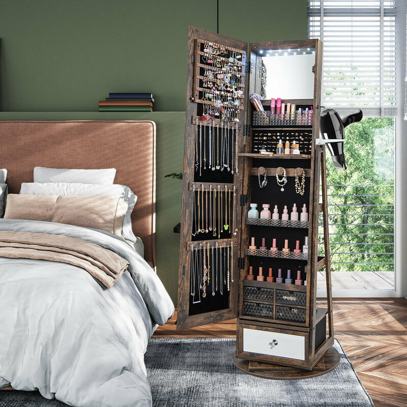 Smykkeskab 360° roterende med helkropsspejl og LED-belysning landlig brun