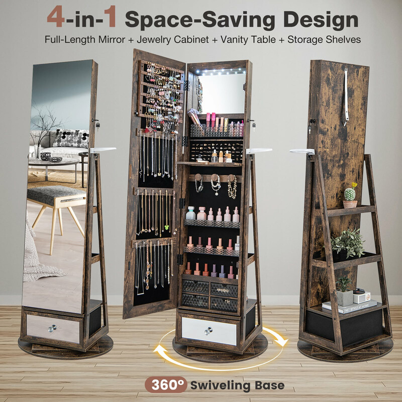 Smykkeskab 360° roterende med helkropsspejl og LED-belysning landlig brun