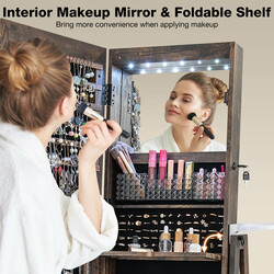 Smykkeskab 360° roterende med helkropsspejl og LED-belysning landlig brun