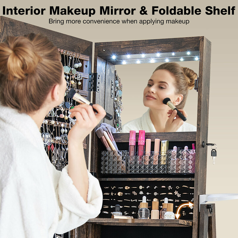 Smykkeskab 360° roterende med helkropsspejl og LED-belysning landlig brun