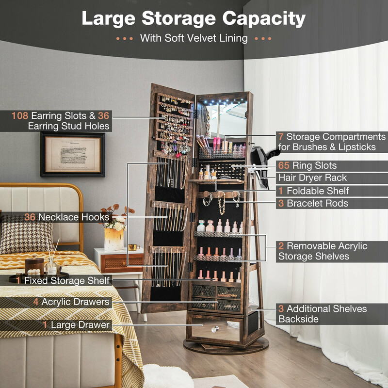 Smykkeskab 360° roterende med helkropsspejl og LED-belysning landlig brun