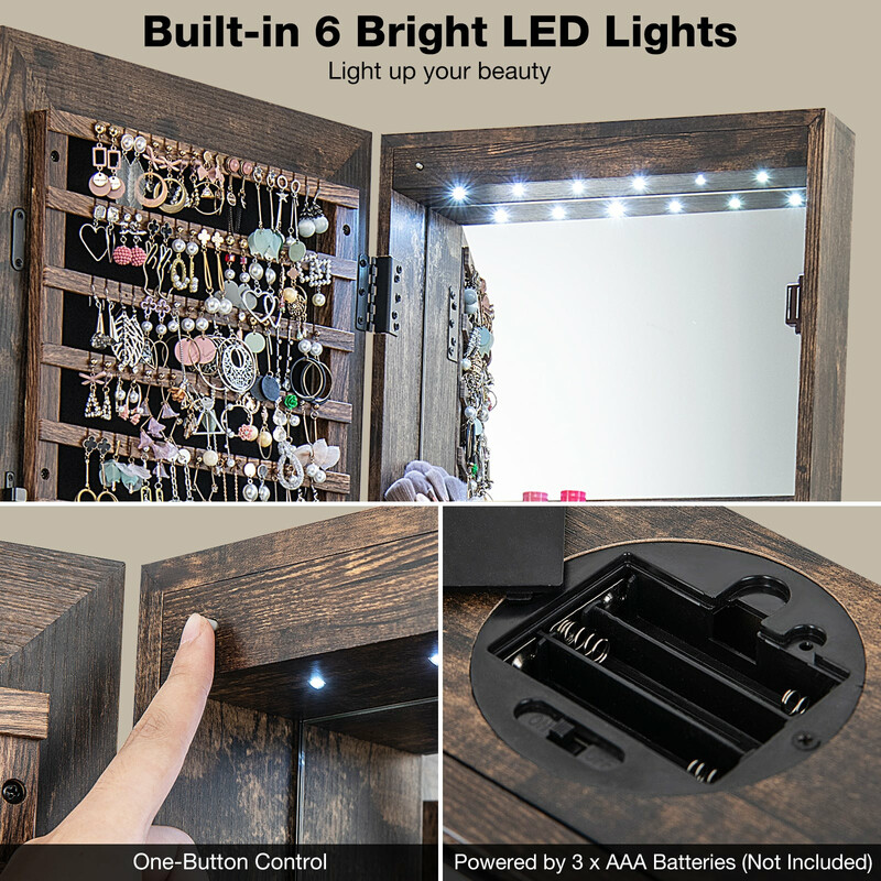 Smykkeskab 360° roterende med helkropsspejl og LED-belysning landlig brun