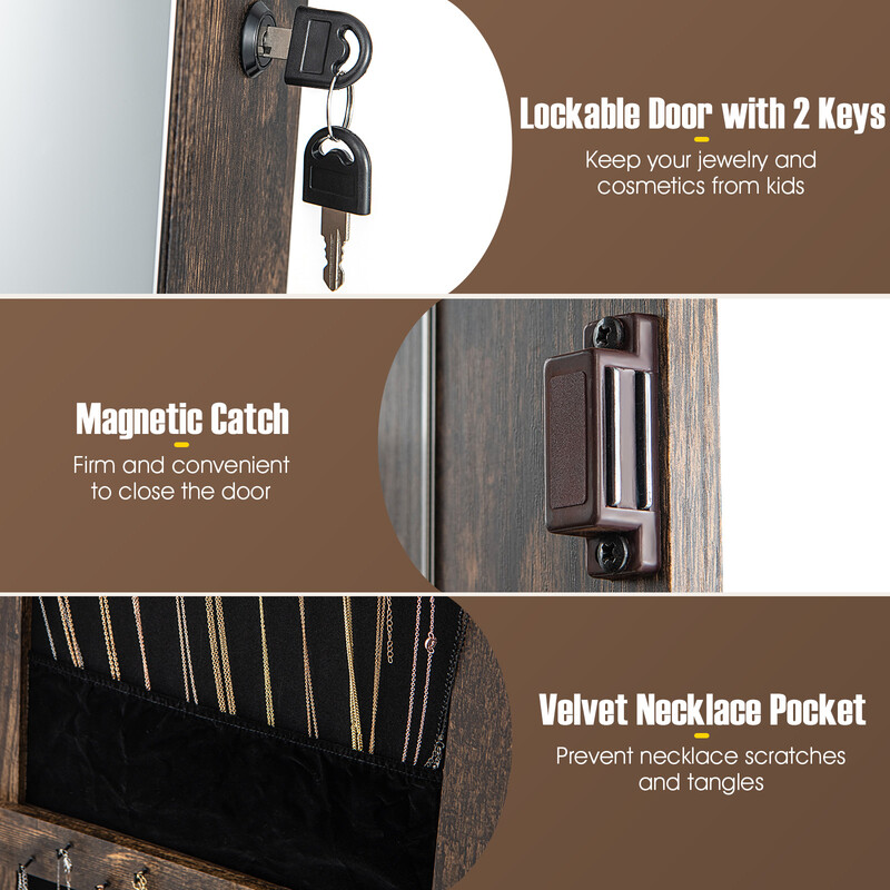 Smykkeskab 360° roterende med helkropsspejl og LED-belysning landlig brun