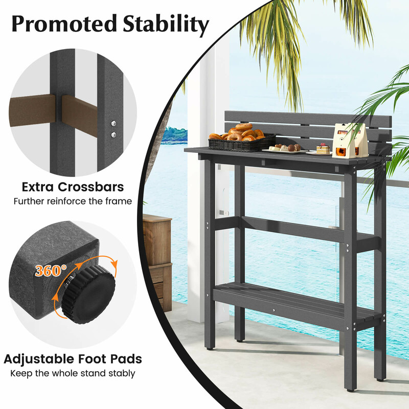Grå udendørs barbord i HDPE med hylde og justerbare fødder 122x39x136 cm