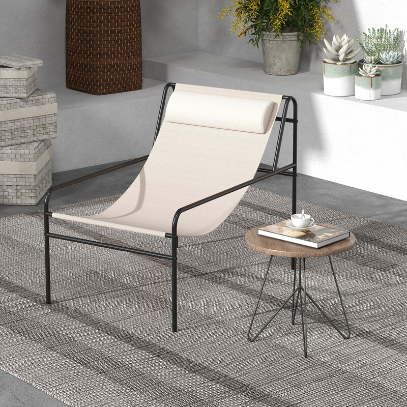 Lænestol med metalramme beige stof 94x62x76 cm ergonomisk aftagelig nakkestøtte