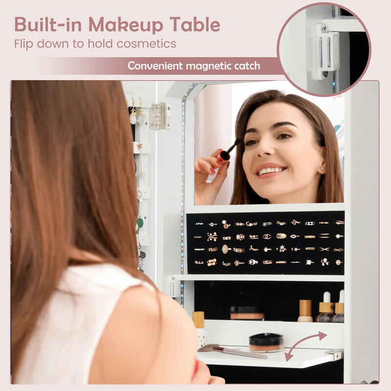 Vægmonteret smykkeskab hvid 120x37x11 cm med spejl LED-belysning låsbar